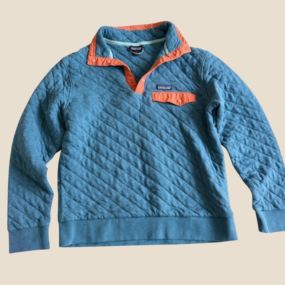 Patagonia Mens Cotton Quilt Snap-T Pullover Blue Orange Quilted Sweatshirt M